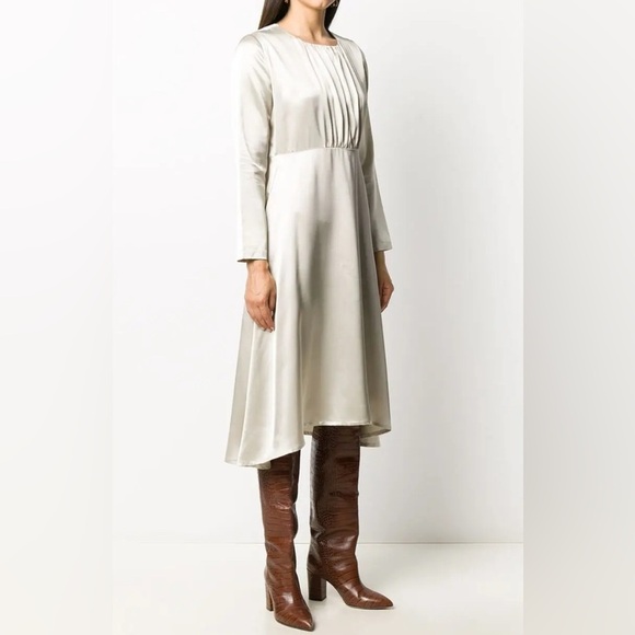 Fabiana Filippi Champagne Jewel Neck Long Sleeve Satin Dress - Picture 2 of 11